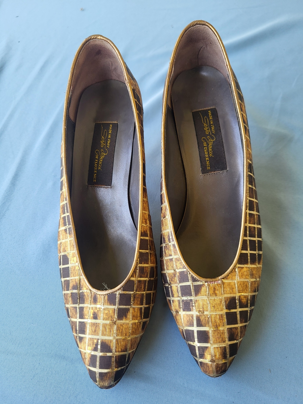 Vintage Sesto Meucci Florence Metallic Gold Bronze Grid Pumps Heels Size 5.5